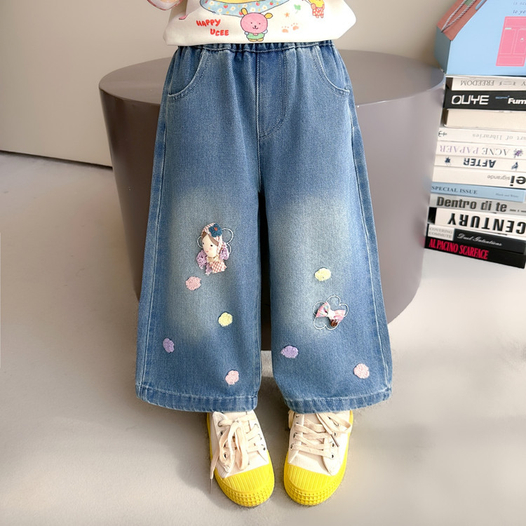 女童卡通绣花牛仔裤2026新款中小童儿童春秋季直筒阔腿裤女孩裤子