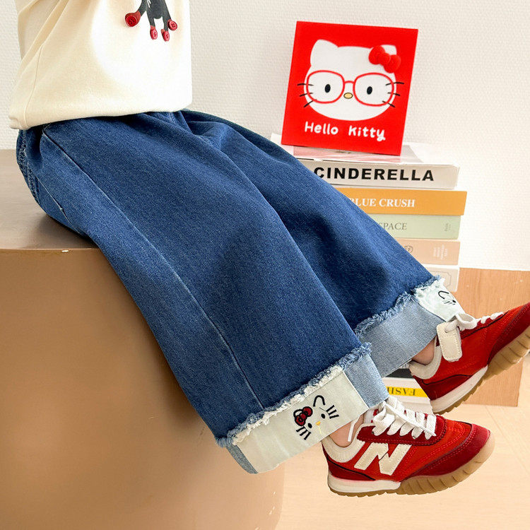 女童直筒牛仔裤春秋款2026新款儿童春季女宝宝猫咪刺绣春装阔腿裤