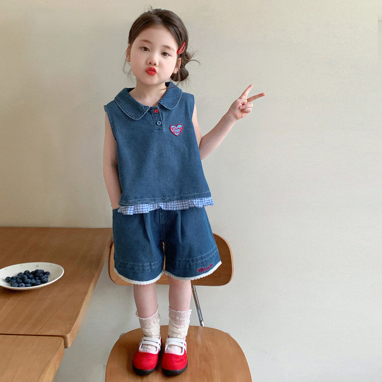 女童刺绣牛仔短裤套装2026夏季新款儿童薄款蕾丝花边五分裤两件套