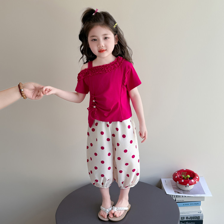 儿童夏季甜美露肩套装2026新款小女孩波点花苞防蚊裤两件套洋气潮