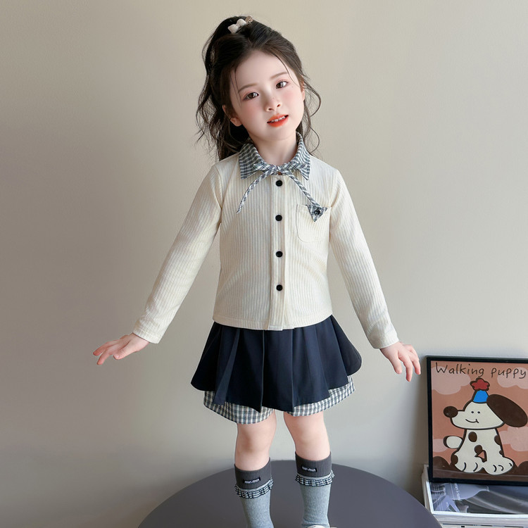 女童学院风针织衫百褶裙套装2026新款儿童假两件毛衣外套短裙春秋