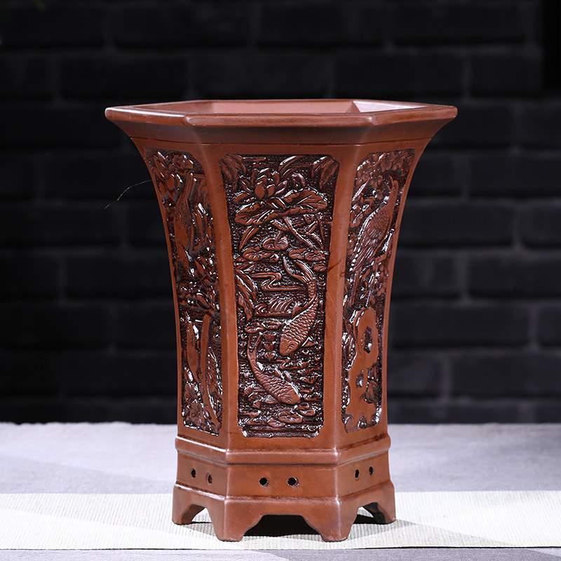 紫砂六方形兰花盆特大陶瓷仿古浮雕盆阳台专用室内盆景盆包邮