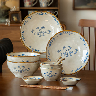 巷子尾〖小苍兰餐具套装〗复古高级感碗盘套装2人食陶瓷碗碟家用