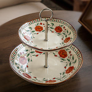 巷子尾〖精致双层果盘〗中式手提陶瓷水果盘新年糖果盘零食托盘