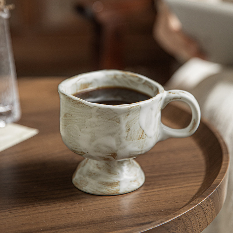 巷子尾〖玛奇手工杯子〗复古粗陶高脚杯餐厅咖啡杯马克杯陶瓷水杯