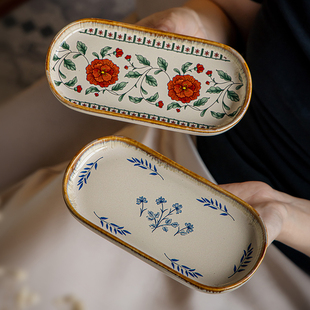 巷子尾〖中古风复古美〗7英寸椭圆盘陶瓷早餐盘高档甜品盘寿司盘