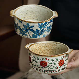 巷子尾〖古朴手作〗4.5英寸粗陶双耳碗防烫小汤碗民宿甜品沙拉碗