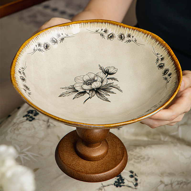 巷子尾〖氛围家居果盘〗复古木质陶瓷高脚盘水果盘客厅家用零食盘