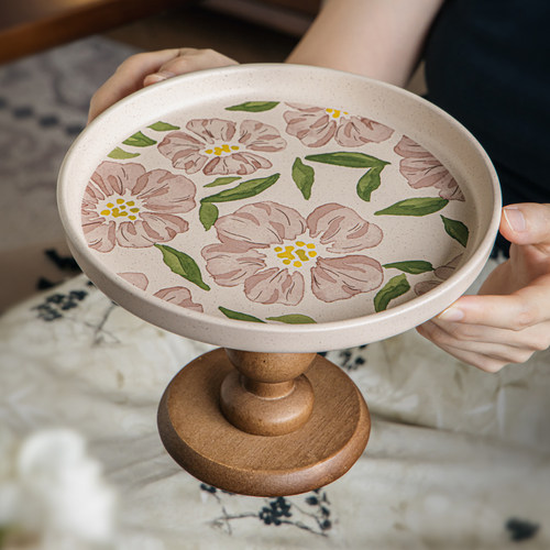 木质高脚盘陶瓷水果盘玄关收纳