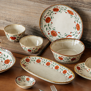 高档餐具陶瓷碗碟盘组合家用饭碗汤面碗 巷子尾〖红牡丹系列〗中式