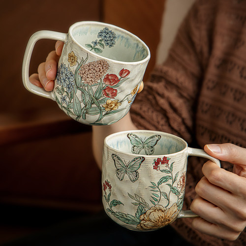 巷子尾〖花卉杯子〗中古风马克杯咖啡杯精致陶瓷杯子高颜值早餐杯