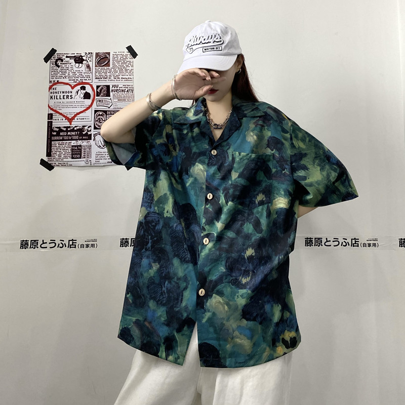 Real photo shirt women's summer new retro Hong Kong Style loose short sleeve full Print Shirt Top Fashion