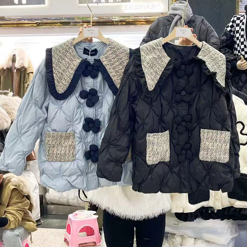 原创加厚法式甜妹风娃娃领羽绒服中长款立体花朵白鸭绒外套冬2022