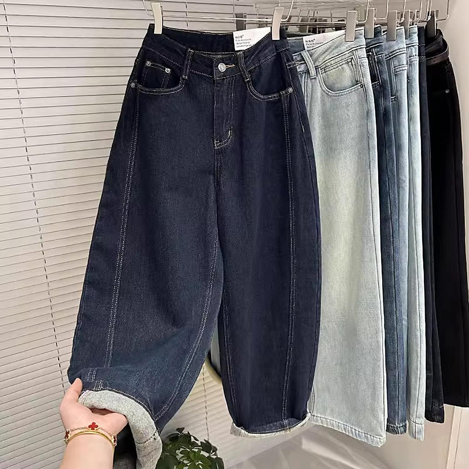 磨毛加厚牛仔哈伦老爹裤女冬时尚潮流宽松阔腿裤小个子休闲九分裤