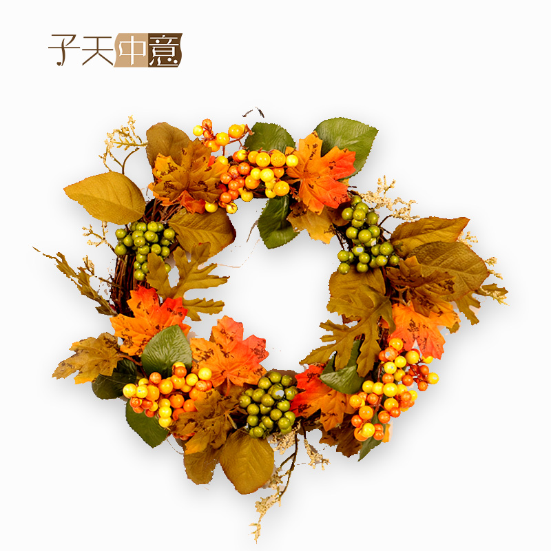 幼儿园感恩节日创意仿真秋天绿色枫叶果枝藤条花环装饰门窗挂件