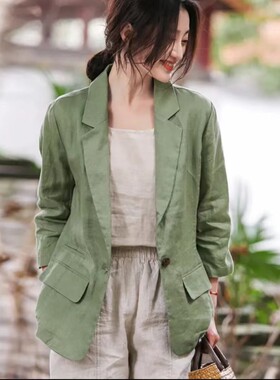 春季薄款棉麻七分袖显瘦小西装
