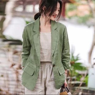 棉麻小西装外套早秋薄款修身显瘦亚麻西服七分袖女士大码休闲上衣