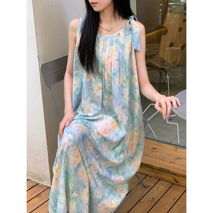 油画风海边度假长裙女士棉绸睡裙宽松显瘦长款 浪莎夏季 可外穿