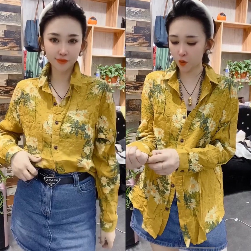 春秋新款时尚印花棉麻衬衫长袖花色衬衣百搭宽松休闲女上衣打底衫