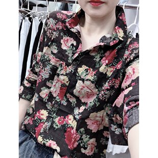 欧洲站衬衣女时尚2022春装新款印花气质长袖上衣棉麻宽松打底衬衫