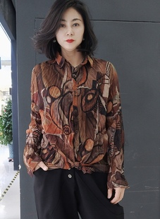 欧货春装天丝麻褶皱衬衫女长袖宽松大码显瘦碎花复古衬衣打底小衫