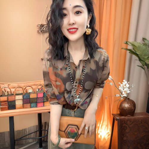 秋装新款高端时尚长袖丝麻衬衫宽松遮肉衬衣洋气减龄气质大码上衣