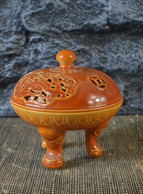 清乾隆黄釉镂空三足炉古董古玩