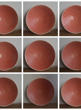 仿古瓷器 复古做旧南宋风格 定窑粉红釉凤凰纹碟 碗盘 古董古玩