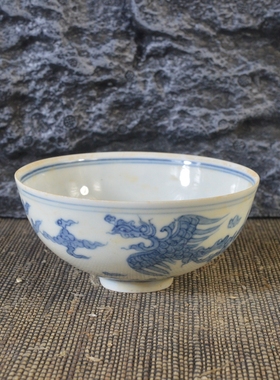 仿古瓷器 复古做旧明成化风格 青花双凤纹瓷碗 古董古玩摆件收藏