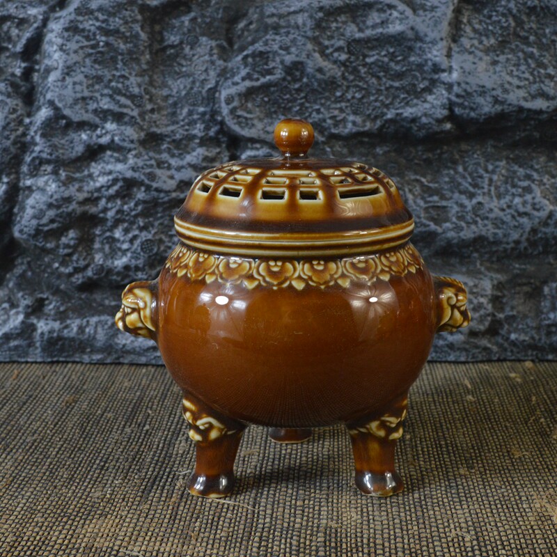 仿古瓷器 复古清乾隆风格 酱釉八卦三足炉 香熏 古董古玩摆件收藏