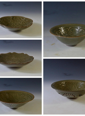 仿古瓷器 复古南宋风格  耀州窑青釉花卉纹斗笠碗 古董古玩收藏品