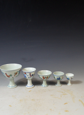 仿古瓷器 复古明成化风格 手工作 斗彩高足杯 酒杯 毛台杯 古玩