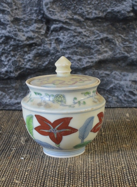 仿古瓷器 复古做旧明成化风格 斗彩红叶纹茶叶罐 古董古玩摆件