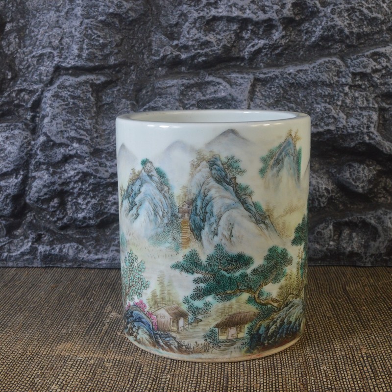 仿古瓷器 复古做旧民国风格 粉彩山水人物图笔筒 文房 古董古玩