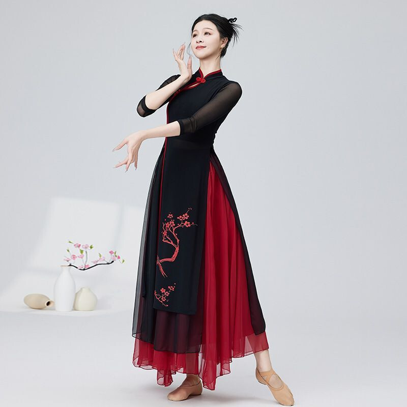 古典舞中国风旗袍飘逸女弹性纱衣民族风黑色舞蹈服练功秧歌表演服