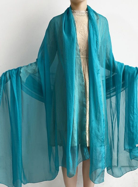 湖蓝色丝巾女春夏长款纯色雪纺纱巾冬保暖围巾披肩超大防晒沙滩巾