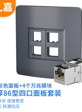 礼嘉（LIJIA）七类万兆模块面板组合 四口面板+七类万兆屏蔽模块4个 四位网络模块插座 免打线灰色款LJ-MH874
