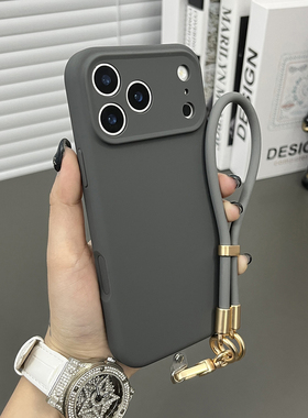 三只鱼【创意肤感液态硅胶深灰色手提绳】适用于苹果17/16/15promax手机壳新款ipone商务防摔全包保护套男女