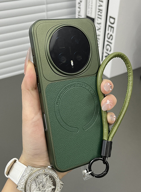 三只鱼【时尚荔枝皮纹磁吸墨绿色手提绳】适用于荣耀magic8pro/500pro手机壳新款复古防摔全包保护套男女小众