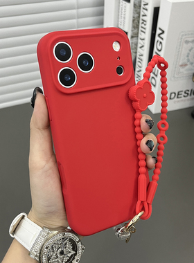三只鱼【奢华肤感液态硅胶瑞红色手提绳】适用于苹果17/16/15promax手机壳新款ipone小众防摔全包保护套男女