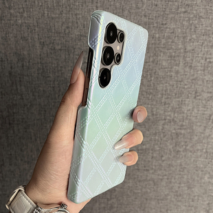 适用三星Galaxys25 22ultra手机壳新款 防摔保护套男女 三只鱼 潮牌小众时尚 网红炫彩菱格皮纹淡青色