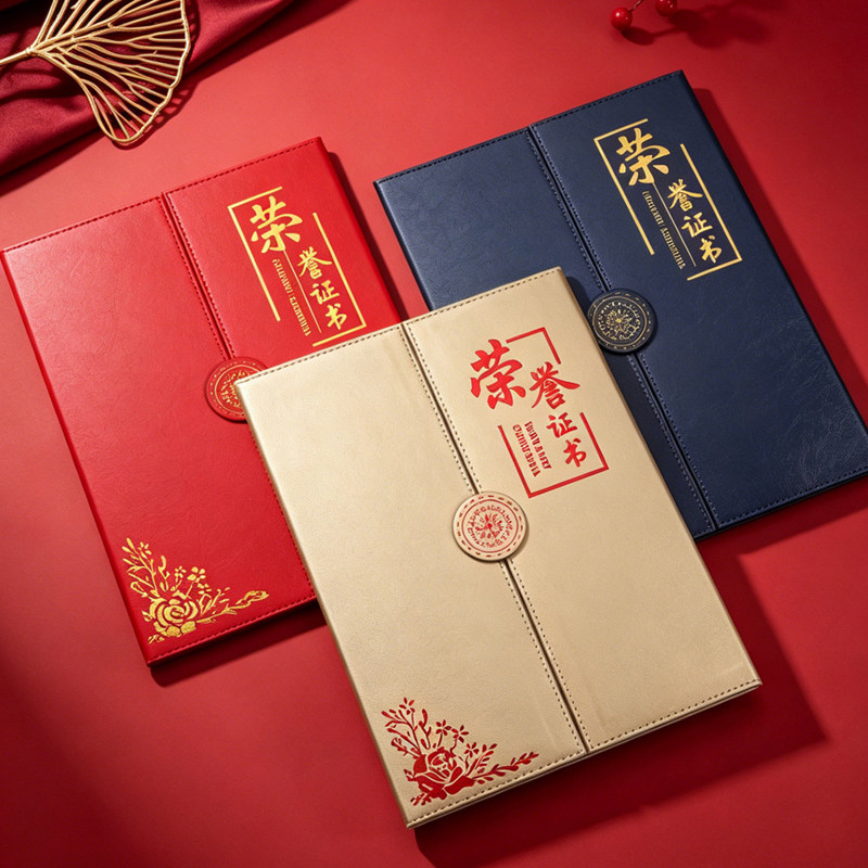 仿皮三折荣誉证书外壳三色烫金徽章款A4 获奖证书封皮 可定制内页