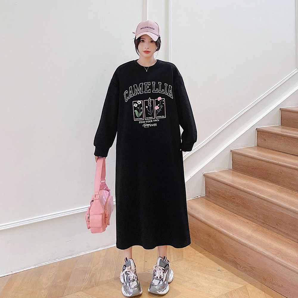 胖mm连衣裙女拼接裙摆大码女装新款韩版2026显瘦T恤裙长袖卫衣裙