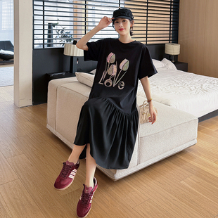 胖mm宽松梨型身材微胖长裙烫钻显瘦遮肚子连衣裙 夏季 新款 大码 女装