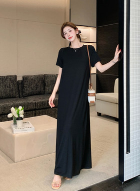 高个子大码女装2026夏装新款胖mm加长款莫代尔t恤裙显瘦连衣裙子