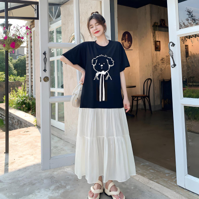 大码胖mm夏日拼接巨瘦连衣裙慵懒松驰感假两件套显瘦藏肉t恤裙子