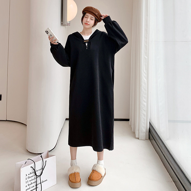 胖mm秋装新款2026宽松连帽卫衣外套中长款连衣裙轻薄空气层长袖女