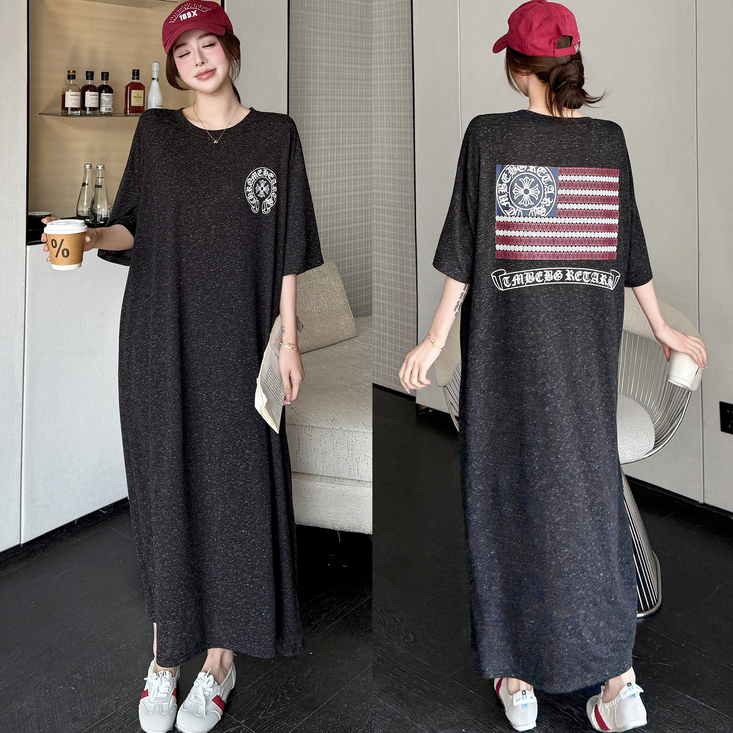 大码韩版宽松t恤裙夏季胖mm显瘦休闲连衣裙口袋慵懒风面膜T恤长裙