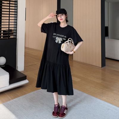 宽松特大码女装胖mm夏装2026新款纯棉长款过膝气质蕾丝短袖连衣裙