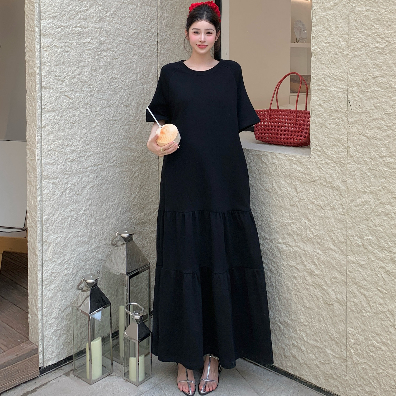高端气质连衣裙法式长裙赫本风小黑裙微胖mm短袖裙子女夏季新款潮